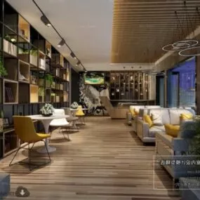 Coffee Shop With Modern Bookcase Interior Scene 3d model