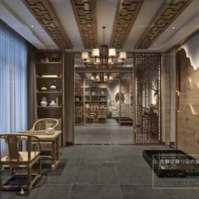 Asian Luxury Lounge Hall Space Interior Scene 3d model