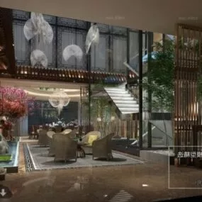 Asian Hotel Reception Hall Interior Scene 3d model