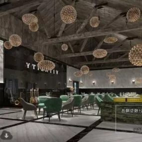 Simple Industrial Restaurant Style With Ceiling Lamp Interior Scene 3d model