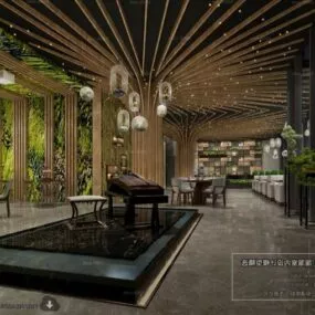Luxury Restaurant With Tree Decoration Interior Scene 3d model