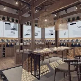 Wooden Coffee Restaurant Interior Scene 3d model