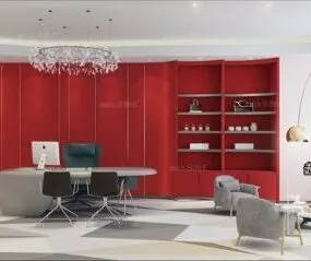 Red Wall Decor Small Workspace Interior Scene 3d model