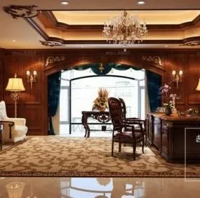 American House Wooden Library Room Interior Scene 3d model