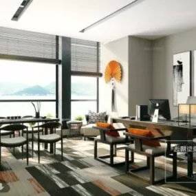 Lake House Workspace Room Interior Scene 3d model