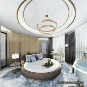Round Bed Hotel Room Interior Scene 3d model