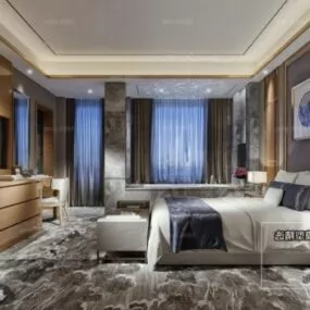 Wood Wall Hotel Bedroom Interior Scene 3d model
