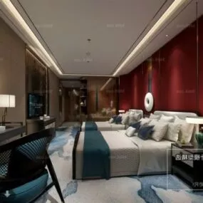 Red Wall Hotel Bedroom Interior Scene 3d model