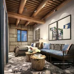 Log Ceiling Bedroom With Sofa Interior Scene 3d model