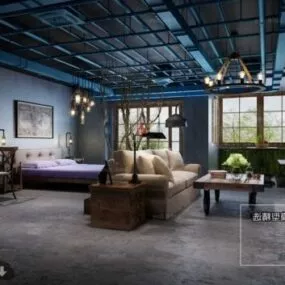 Industrial Open Space Apartment Interior Scene 3d model