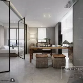 Contemporary Bedroom With Workspace Interior Scene 3d model