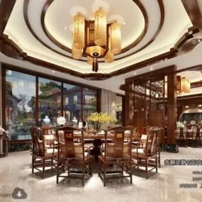 Chinese Wood Style Dinning Room Interior Scene 3d model