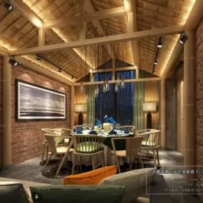 Wood House Dinning Room Interior Scene 3d model