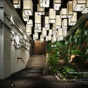 Green Hotel Entrance Space Interior Scene 3d model