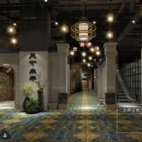 Lobby Of Restaurant Chinese Style Interior Scene 3d model