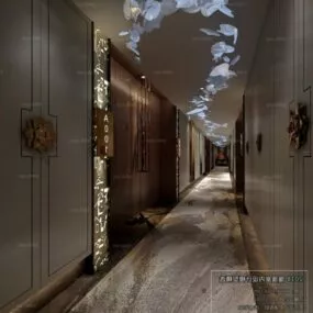 Hotel Lobby With Lamps Decoration Interior Scene 3d model