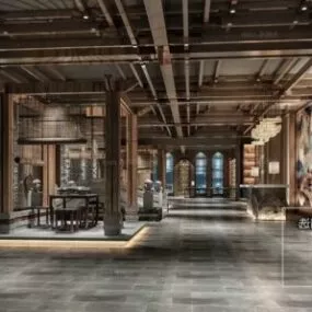 Wooden Asian Style Showroom Hall Space Interior Scene 3d model