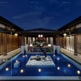 Outdoor Conference Room Chinese Elegant Design Interior Scene 3d model