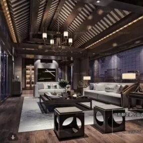 Asian Style Living Room Interior Scene 3d model
