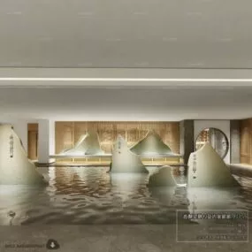 Chinese Style Luxury Showcase With Pond Interior Scene 3d model