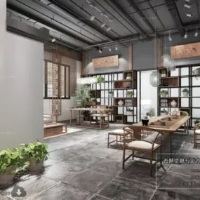Modern Chinese Style Reception Room With Shelves Interior Scene 3d model