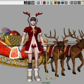Christmas Girl With Sleigh 3d model