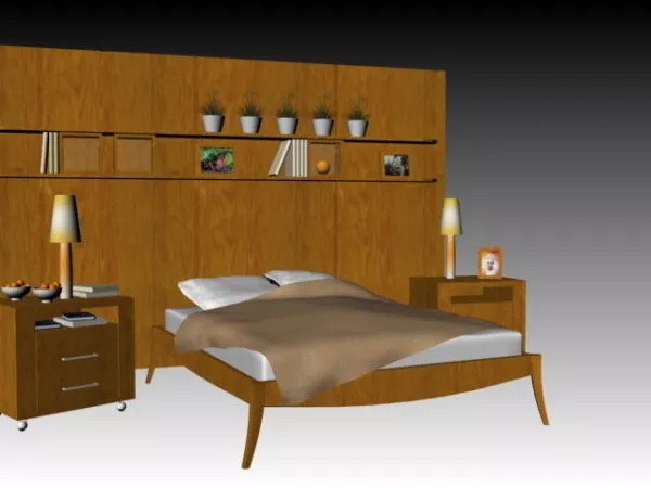Wood Bed With Bedroom Accessories 3d model Wood Bed With Bedroom Accessories 3d model