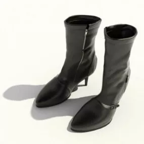 High Heel Black Leather Ankle Boots 3d model