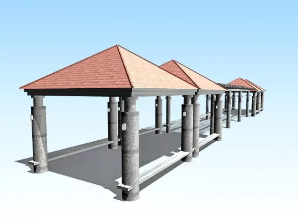 Outdoor Pavilion Building With Bench 3d model