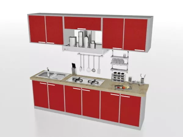 Red Straight Kitchen Design 3d model Red Straight Kitchen Design 3d model