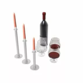 Wine Bottle Wine Glasses Candles Set 3d model