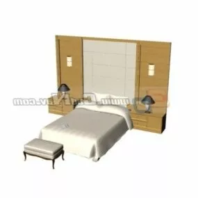 Wooden Bed With Stool Chest 3d model