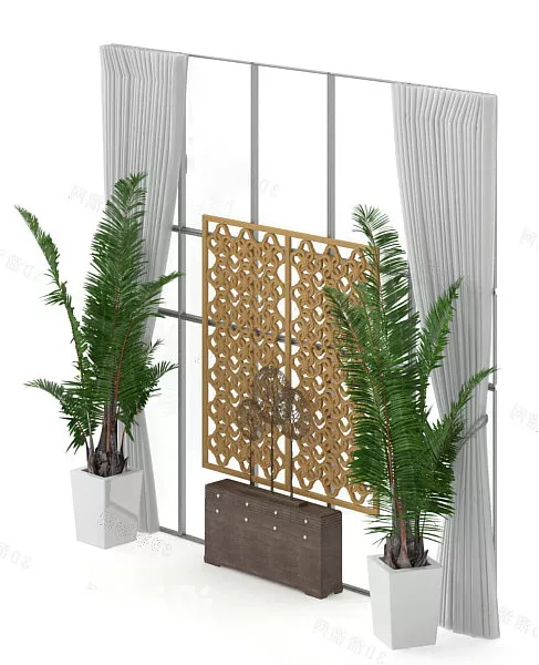 Wooden Screen Decoration With Curtain 3d model Wooden Screen Decoration With Curtain 3d model