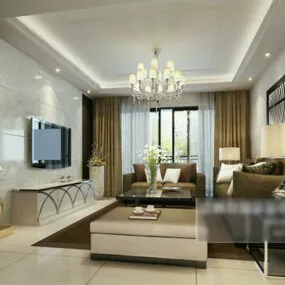 Simple Living Room Curtains Interior V1 3d model