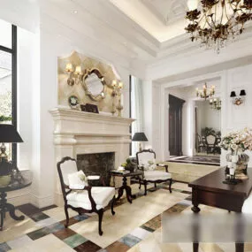 European Living Room Fireplace Interior V3 3d model