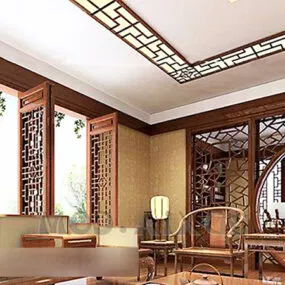 Chinese Wooden Style Living Room Interior 3d model