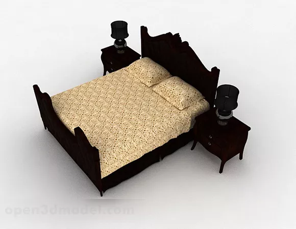Home Dark Wooden Double Bed 3d model Home Dark Wooden Double Bed 3d model
