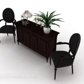 Brown Wooden Office Cabinet With Chair 3d model