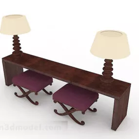 Brown Wood Desk With Table Lamps 3d model