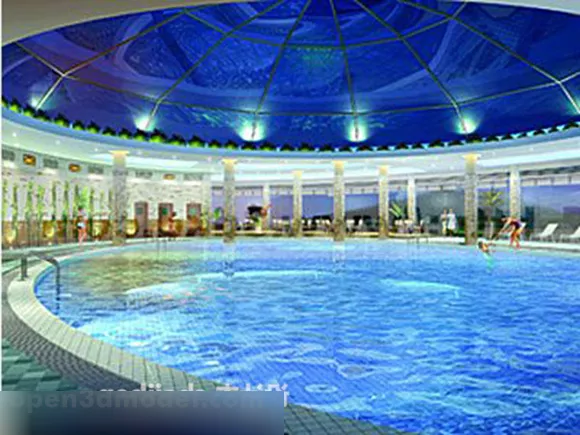 Round Hexagon Pool With Wooden Deck And Stair 3d model