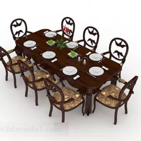 Brown Wooden Dining Table Chair Set 3d model