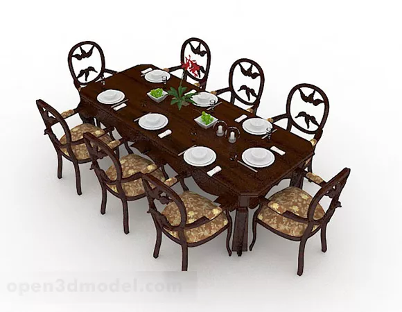 Brown Wooden Dining Table Chair Set 3d model Brown Wooden Dining Table Chair Set 3d model