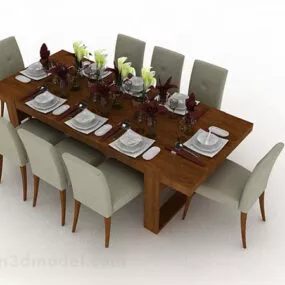 Brown Dining Table Chair Furniture Set 3d model