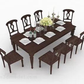 Wooden Brown Dining Table And Chair V1 3d model