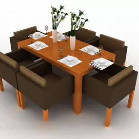 Brown Wooden Dining Table And Chair V4 3d model