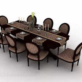 Brown Wooden Dining Table And Chair V5 3d model
