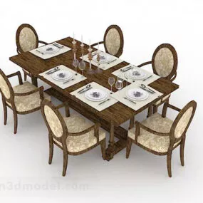 Wooden Brown Dining Table And Chair V3 3d model
