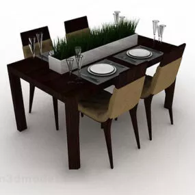 Brown Wooden Dining Table Chair V1 3d model