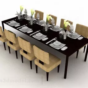 Simple Brown Wooden Dining Table Chair 3d model