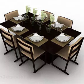 Brown Wooden Dining Table Chair V2 3d model